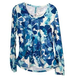 Title Nine Floral Shirt Size Medium Blue & White Ruched Sides Long Sleeve